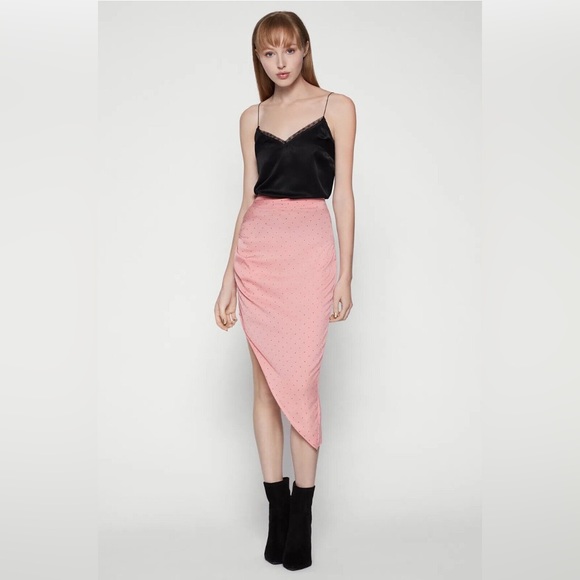 BCBGeneration Watermelon Pink Polka Dot Ruched Slip Asymmetric Skirt - Picture 7 of 10